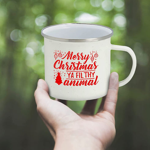 Holiday Coffee Mug - Festive White Enamel Camping 16 Ounce Coffee Cup For Home and Gifting, Merry Xmas Ya Filthy Animal