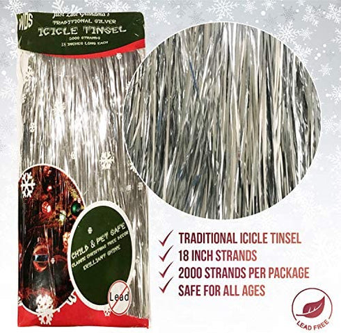 Premium Icicle Tinsel Strands for Christmas Tree - 2000 Old-Fashioned Silver Icicles Garland for Xmas Trees Shiny Mylar - Each Strand 18 in. - Kid Pet Safe (Lead-Free) - Hang with Ornaments & Decor