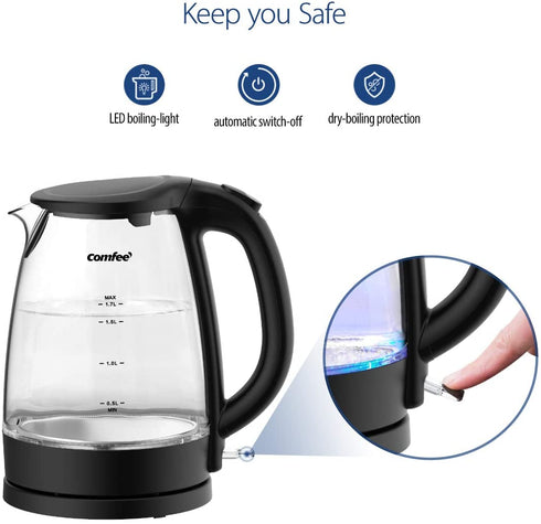 COMFEE' Glass Electric Tea Kettle & Hot Water Boiler(BPA-Free), 1.7L, Cordless with LED Indicator, 1500W Fast Boil, Auto Shut-Off and Boil-Dry Protection