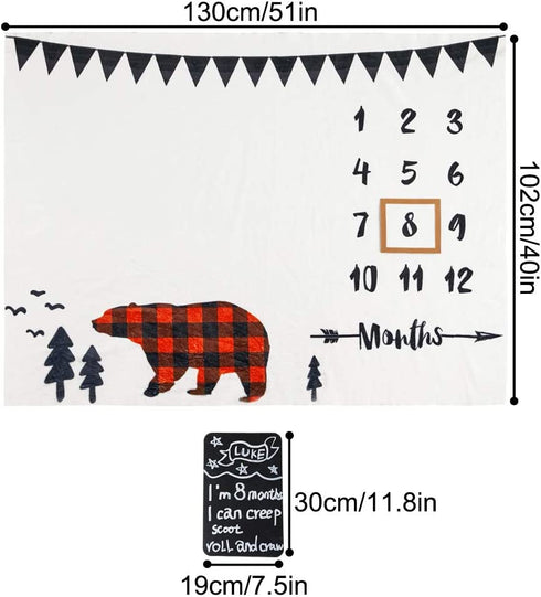 Play Tailor Baby Milestone Blanket Boy Monthly Plaid Bear 40x50in Ultra Soft Fleece Newborn Baby Shower Photography Background, Include Frame Blackboard Marker