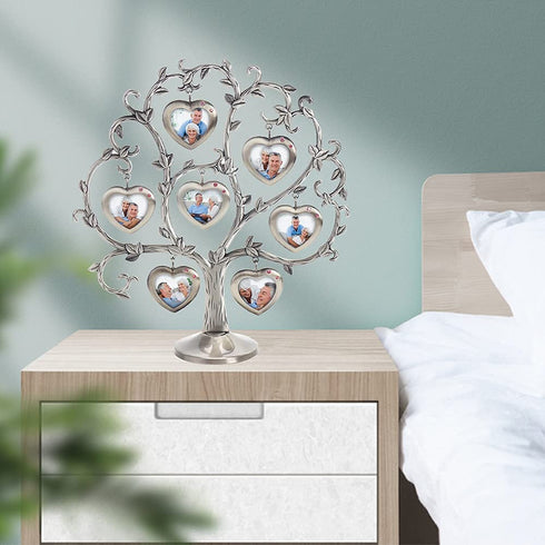 LASODY Antique Silver Family Tree With 7 Hanging Picture Frames,Metal Table Top Photo Frame Decoration