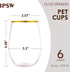 16oz Plastic Stemless Wine Glasses w/Gold Rim - Unbreakable Disposable Cocktails & Scotch Tumbler,Crystal Shatterproof Drinking Glassware Goblet for Homes,Outdoor,Wedding, Anniversary - Set of 6