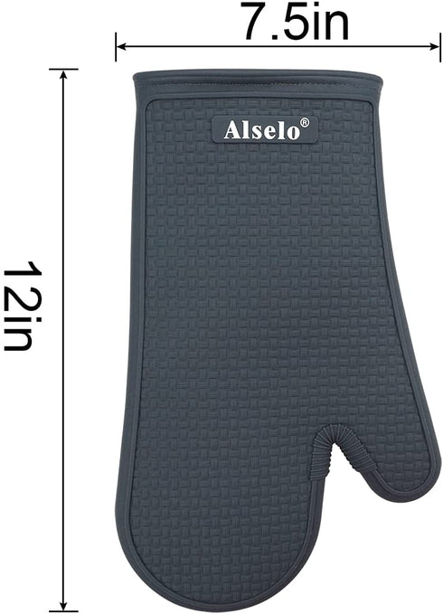 Alselo Oven Mitts Heat Resistant Silicone Kitchen Gloves for 550 Degrees with Waterproof and Non-Silp, Set of 2 Oven Gloves for Baking Cooking Barbecue Microwave Machine Washable (Grey, 2)