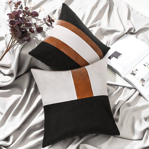 Pyonic Set of 2 Faux Leather Throw Pillow Covers 18x18 Inch Black and White Modern Farmhouse Pillow Covers Decorative Linen Stripe Accent Cushion Covers for Couch Sofa