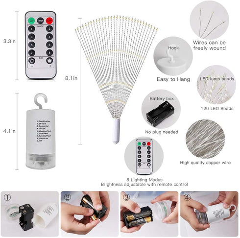 Fairy Firework String Lights,120 LED 8 Modes Dimmable String Fairy Lights with Remote Control,Waterproof Copper Wire Decorative Hanging Starburst Lights for Christmas Decoration (Warmlight)