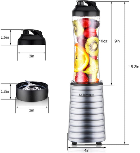 La Reveuse Smoothies Blender 300 Watt with 18 oz BPA Free Portable Travel Sports Bottle (Silver)