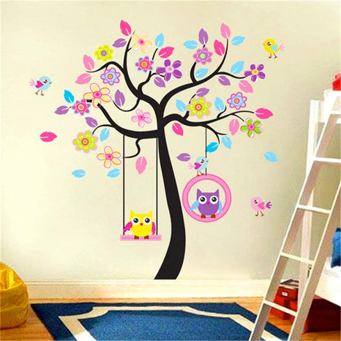 Owl Tree Wall Stickers Decals,Owl On Tree Branch Wall Decals,Animal Jungle Theme Wall Art Vinyl Wall Stickers for Nursery Kids Room Decor