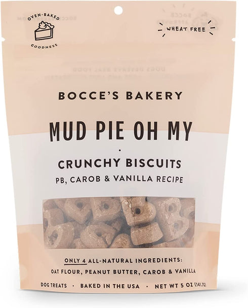 Bocce's Bakery Oven Baked Mud Pie Oh My Treats for Dogs, Everyday Wheat-Free Dog Treats, Made with Real Ingredients, All-Natural PB, Carob & Vanilla Biscuits, 5 oz, Beige (EB-MUD5oz)