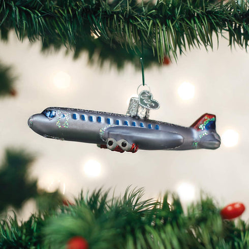 Old World Christmas 46065, Trains, Helicopters, Boats and Trucks Glass Blown Ornaments for Christmas Tree Passenger Plane, Glitter Gray