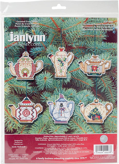 Prima Marketing 21-1486 14 Count Christmas Teapot Ornaments Counted Cross Stitch Kit, 3-Inch, Set of 6
