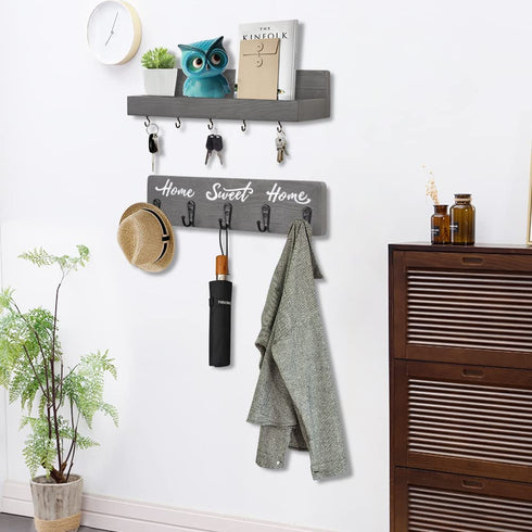 OurWarm 2PCS Mail and Key Holder for Wall Decorative, Wooden Key Hanger with 10 Key Hooks for Wall, Mail Organizer Wall Mount with Key Rack, Rustic Home Entryway Decor for Hallway Office-Grey