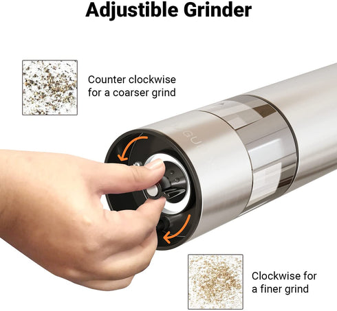 Electric Salt and Pepper Grinder - Automatic, Refillable, Battery Operated Stainless Steel Spice Mills with Light - One Handed Push Button Peppercorn Grinders and Sea Salt Mills