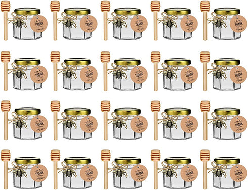 DnayDkiy 20-Count 1.5 oz Mini Hexagonal Glass Honey Jars - Small Honey Jars with Wooden Dippers, Bee Charms, Thank You Cards and Jutes - Honey Jars with Gold Lids for Baby Shower, wedding and Party Favors