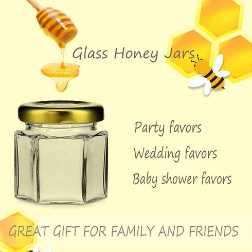 DnayDkiy 20-Count 1.5 oz Mini Hexagonal Glass Honey Jars - Small Honey Jars with Wooden Dippers, Bee Charms, Thank You Cards and Jutes - Honey Jars with Gold Lids for Baby Shower, wedding and Party Favors