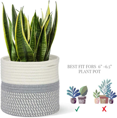 7 Inch Small Plant Basket, Mono Living, Rope Plant Basket Woven Basket for Plant Flower Pot Indoor Planter Boho Decor Small Cotton Rope Basket Grey and White