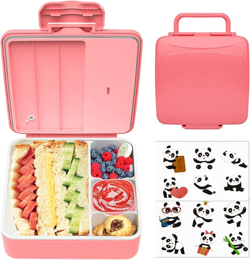 LOOK BACK Bento Lunch Boxes for Kids, 4-Compartment 1.2L Leak-Proof Lunch Container for Child with Sauce Jar, Fork and Spoon, DIY Stickers, BPA-Free Toddlers Food Container Microwave Dishwasher Safe
