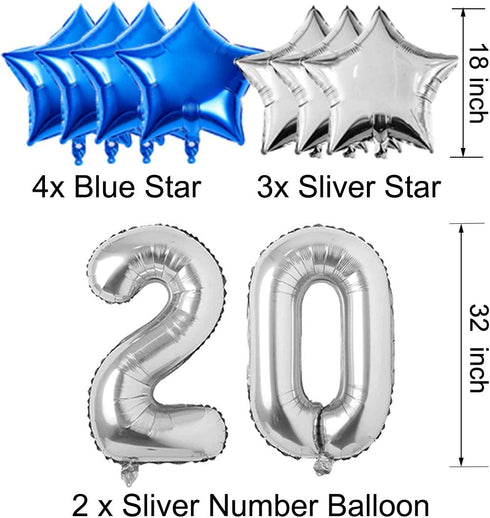 20th Birthday Decorations for Men Women Boy Girl,Blue Black Birthday Party Supplies with 20 Silver Number Balloon Happy Birthday Banner for 20th and 2nd Birthday Party