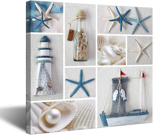 VividHome Beach Theme Canvas Wall Art Seashell Starfish Drift Bottle Lighthouse Boat on Beach Sand Canvas Prints for Living Room Stretched and Framed Ready to Hang Wall Decor 24x24 Inch