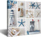 VividHome Beach Theme Canvas Wall Art Seashell Starfish Drift Bottle Lighthouse Boat on Beach Sand Canvas Prints for Living Room Stretched and Framed Ready to Hang Wall Decor 24x24 Inch