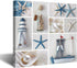 VividHome Beach Theme Canvas Wall Art Seashell Starfish Drift Bottle Lighthouse Boat on Beach Sand Canvas Prints for Living Room Stretched and Framed Ready to Hang Wall Decor 24x24 Inch