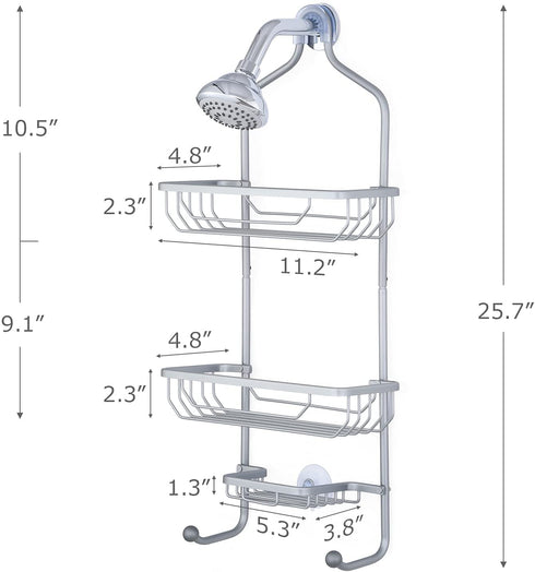 Hanging Shower Caddy, Maxdoux Bathroom Storage Rack Over Shower Head Aluminum 100% Anti-Rust Shower Organizer With Basket for Soap and 2 Hooks, Extra Wide Shower Storage for Shampoo, Conditioner, Gray