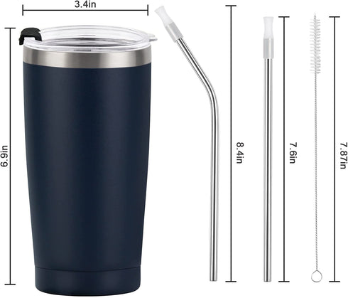 2 Pack Travel Tumblers, 20 Oz Stainless Steel Tumblers with Lids Straws, Vacuum Insulated Tumblers, Double Wall Travel Tumblers, Powder Coated Insulated Coffee Cup for Hot and Cold Drinks, Navy Blue