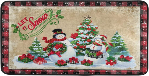 Winter Snowman Kitchen Rug Christmas Tree Gift Plaid Floor Comfort Mats Bath Rugs Entryway Welcome Non Slip Area Rug for Bedroom Living Room Doormats Home Decor 39" X 20"
