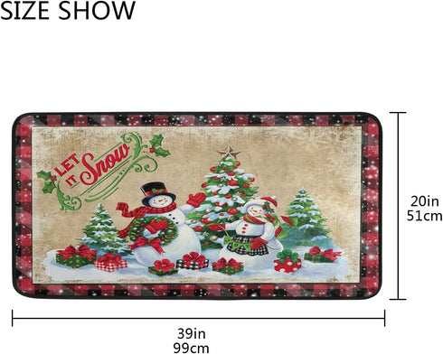 Winter Snowman Kitchen Rug Christmas Tree Gift Plaid Floor Comfort Mats Bath Rugs Entryway Welcome Non Slip Area Rug for Bedroom Living Room Doormats Home Decor 39" X 20"