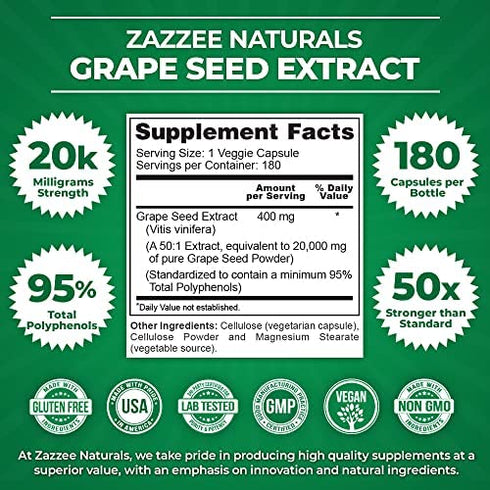 Zazzee Grape Seed Extract 20,000 mg Strength, 180 Vegan Capsules, 95% Polyphenols (Proanthocyanidins), Potent 50:1 Extract, 400 mg per Capsule, 6 Month Supply, Non-GMO and All-Natural