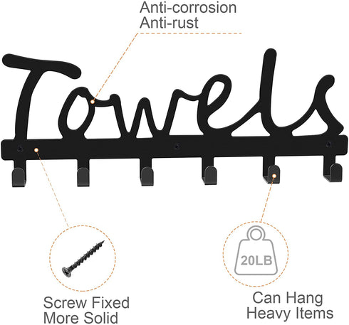 Bathroom Towel Rack, Rustproof, Towel Racks for Bathroom, Wall Mount Space Saving and Easy to Install -Sturdy Towel Hooks -The Perfect Addition to Your Bathroom Decor Convenient Towel Holder, Black