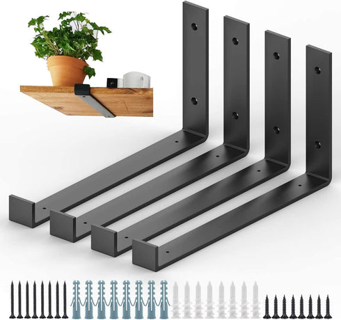 Shelf Brackets 10 Inch, Heavy Duty J Shelf Brackets with Lip, Black Metal Wall Shelf Brackets Floating Shelf Hardware for DIY Open Shelving