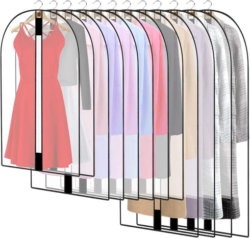 Pwsap 12 Pack Breathable Clothes Covers with Zip, Hanging Garment Covers Bags Dress Bag Covers Moth-Proof Mens Suit Storage Bag Dust Cover for Wardrobe Storage and Travel(Clear)
