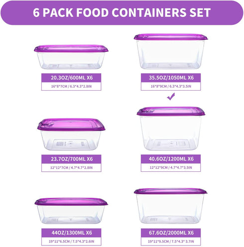 LEXINGWARE ?6 PACK?Plastic Food Storage Containers with Lids Airtight Square Meal Prep Containers, Microwave, Freeze, Dishwasher Safe (Transparent-Purple, 35.5oz-6 Pack)