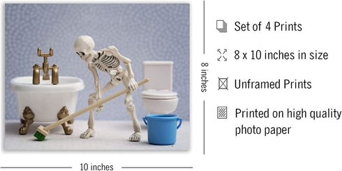 Skeleton Bathroom Prints - Funny Hipster Skull and Bones Wall Art Decor - Set of 4 (8 x 10) Photos