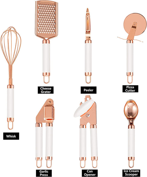 7 pieces Kitchen Gadget Set Copper Coated Stainless Steel Utensils, kitchen gadgets,utensil sets,Non-stic - Best Kitchen Cookware with Soft Touch White Handles (White)