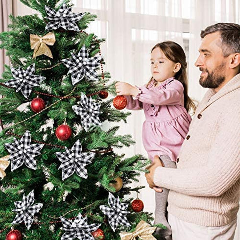 Syhood 12 Pieces Buffalo Plaid Poinsettias Christmas Tree Ornaments Artificial Christmas Flowers with Glitter Powder for Christmas Tree Wreaths Garland Holiday Decorations 6.7 Inch (Black and White)