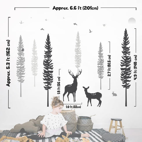 TIMBER ARTBOX Woodland Nursery Decor Dreamy Forest Theme Pine Tree Wall Decals with Animals, Deers & Owl Cute Baby Boy Girl Kids Wall Stickers for Playroom, Bedroom, Classroom & Daycare