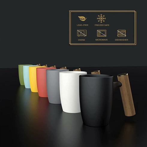 DHPO Artisan Series Coffee Mug Ceramic Cup for Milk, Tea, Juice or Hot Cocoa with Lager Wooden Handle, Tumbler 16oz Porcelain Drinkware ,Gift for Women and Men, Yellow