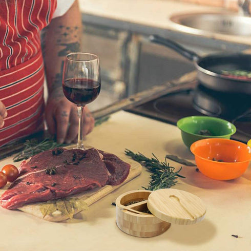Bamboo Salt and Pepper Bowls by HTB, Divided Salt Cellar With Swivel Lid and Spoon, Seasoning Containers With Magnetic Lid to Keep Dry, Mini Spoon Built Into Top, Great When You May Have Messy Hands