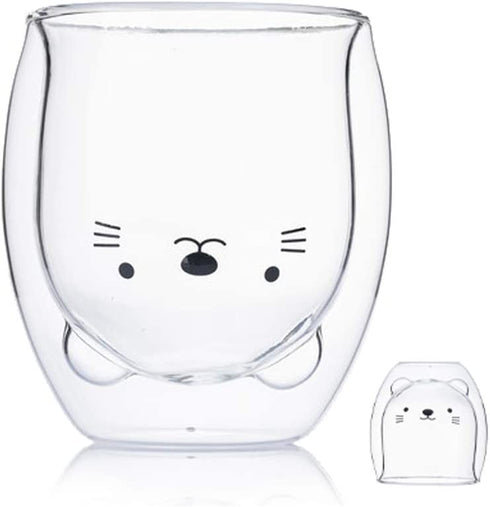 Cute Mugs Glass Double Wall Insulated Glass Espresso Cup, Coffee Cup, Tea Cup, Milk Cup, Best gift for Office and Personal Birthday (Cat)