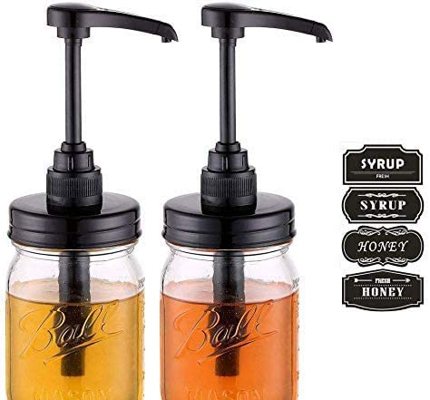 Mason Jar Syrup & Honey Dispenser Pump Lids, Rust Proof, Plastic Dispenser Lid for 16 oz Regular Mouth Mason Jars Kitchen and Table Decor - 2 Pack