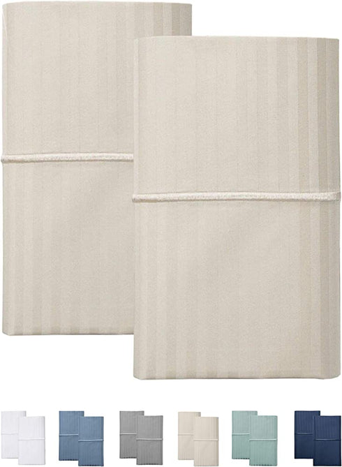 Feather & Stitch 2 Piece Pillowcase Set King Size Beige 100% Cotton Damask Stripe Pillow Cases 500 Thread Count 20x40 Inches Ultra Soft Luxury Sateen Weave Bed Pillow Covers