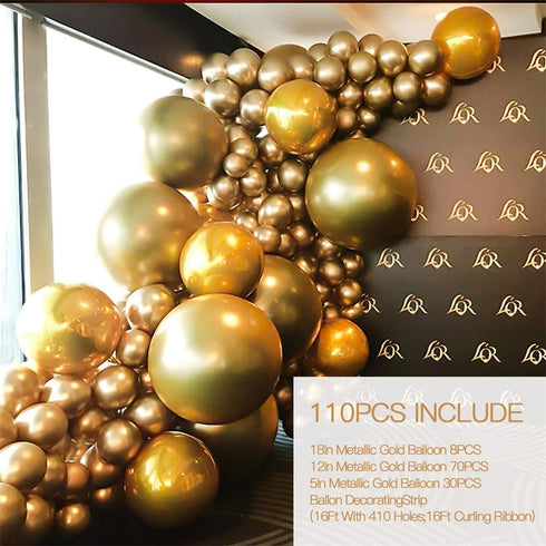 Nalwort Metallic Gold Balloon Kit 110PCS 18In 12In 5In Gold Balloon Arch Garland For Festival Picnic Family Engagement, Wedding, Birthday Party, Gold Theme Anniversary Celebration Decoration