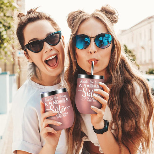 Birthday Gifts for Sister from Sister Brother Thank You Goodbye Farewell Wine Tumbler Christmas Mothers Day Gift for sister in Law Soul Sister Glitter Wine Cup Gift Set Keychain Lid Straw