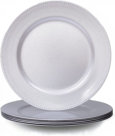 Silver Charger Plates, Round Dinner Charger with Beaded, 13 Inch Plastic Plate Chargers for Wedding, Table Decor, Set of 6