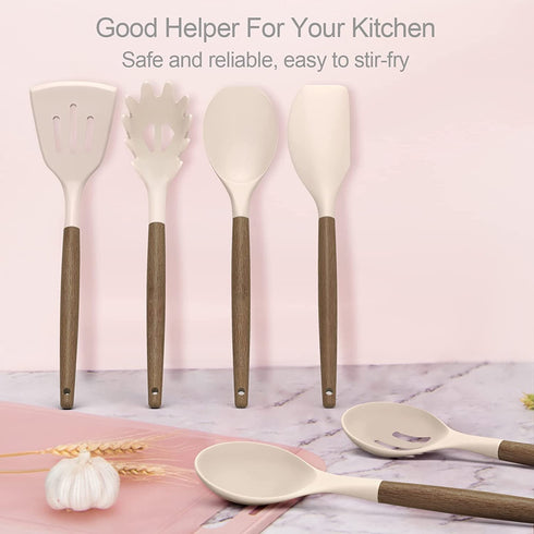 Silicone Kitchen Utensils Set, Deedro 7 Pieces Cooking Utensils Set Silicone Spatula Set with Natural Acacia Wooden Handle, High Heat Resistant Kitchen Gadgets Tools Set, Khaki
