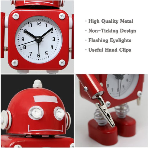 Betus Non-Ticking Robot Alarm Clock Stainless Metal - Wake-up Clock with Flashing Eye Lights and Hand Clip (Ruby Red)
