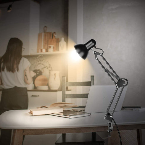 Metal Desk Lamp, AmeriTop Adjustable Goose Neck Swing Arm Table Lamp with Interchangeable Base Or Clamp; Eye-Caring Study Desk Lamps for Bedroom, Study, Office, Table (Black)