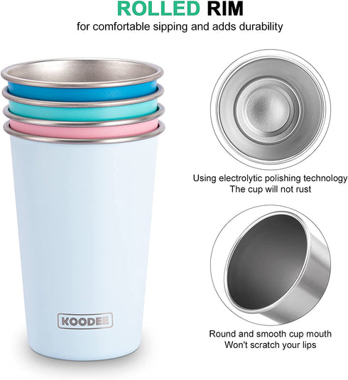 Koodee Stainless Steel Cups(4 Pack)16 oz Pint Tumbler Stackable Metal Drinking Glasses for Camping, Outdoors?Sky Blue-Baby Blue-Pink-Teal?