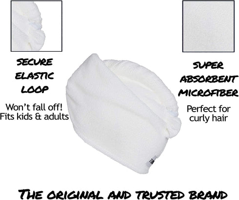 Turbie Twist Microfiber Hair Towel Wrap for Women and Men | 2 Pack | Bathroom Essential Accessories | Quick Dry Hair Turban for Drying Curly, Long & Thick Hair (White, White)